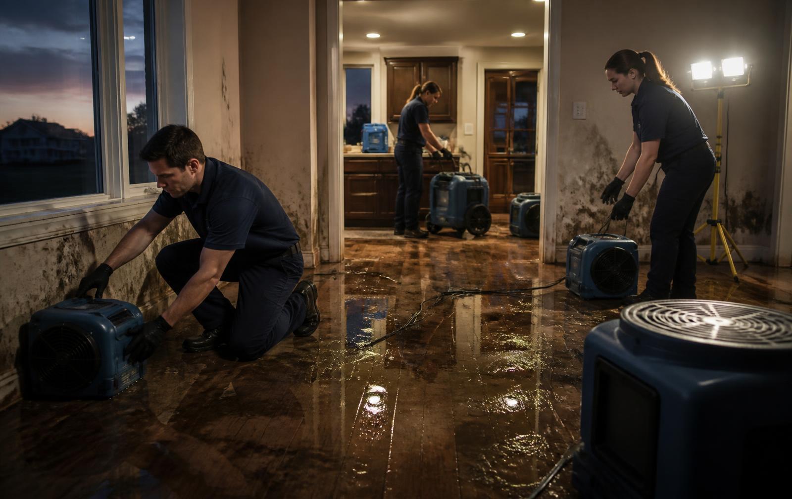 Restoration technicians drying a flood-damaged New York home